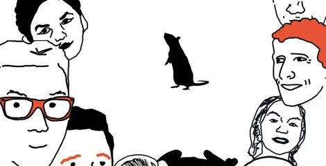 dessin représentant plusieurs contours de visages tous différents en noir et blanc entourant un petit rat tout noir au milieu