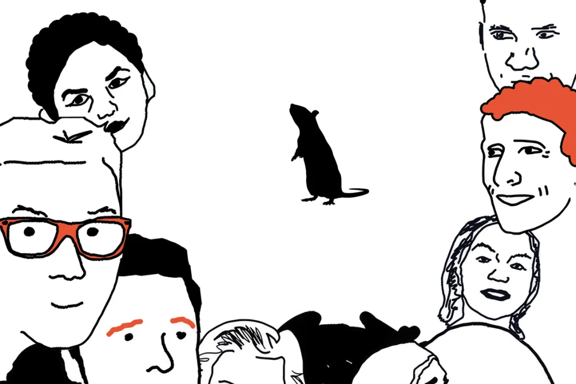 dessin représentant plusieurs contours de visages tous différents en noir et blanc entourant un petit rat tout noir au milieu